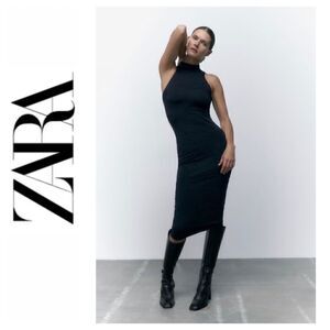 NWOT Zara Black Jacquard Mock Neck Sleeveless Midi Dress, Size Small